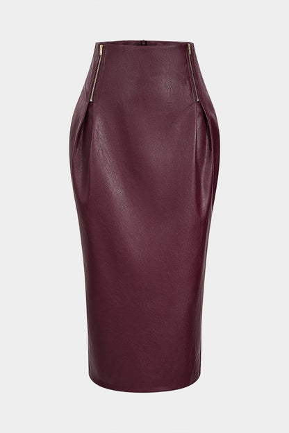 Faux Leather Zipper High Waist Skirt - MISMIMCWBK2509160156-BURGUNDY-XS