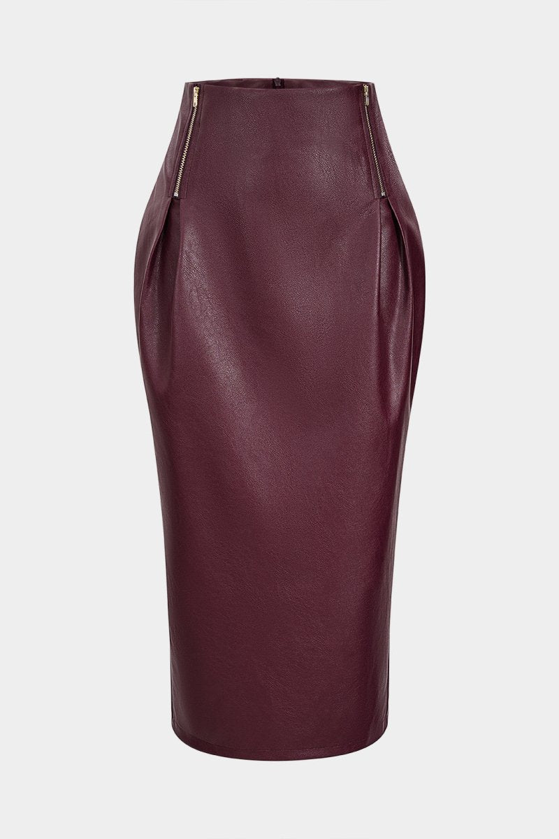Faux Leather Zipper High Waist Skirt - MISMIMCWBK2509160156-BURGUNDY-XS