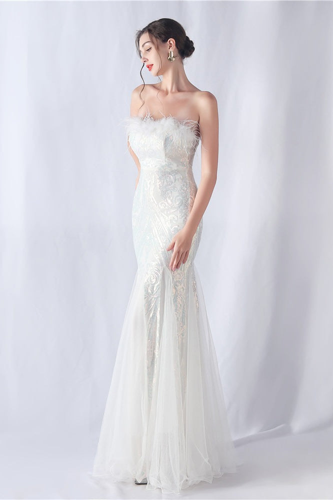 Ostrich Feather Sequin Evening Party Dress