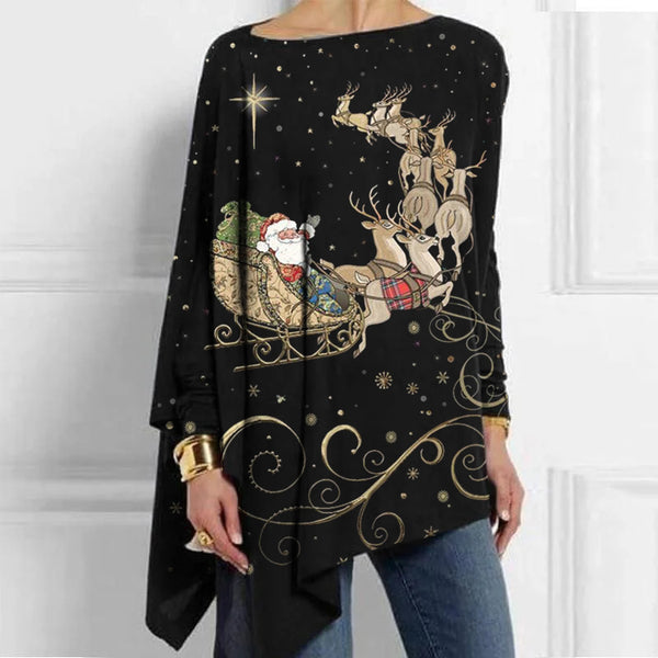 Santa Claus Printed Printed Mid-Length Irregular Women's Tops