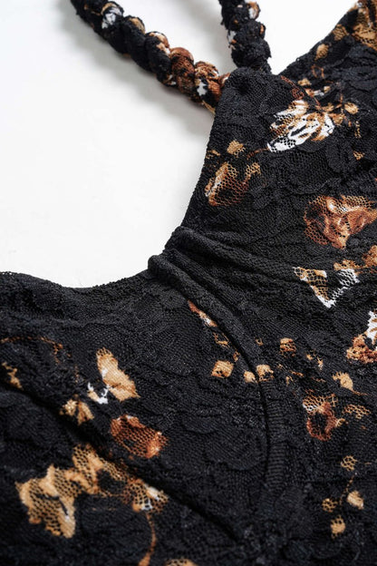 Floral Lace Patchwork Twist Knot Sleeveless Dress And Satin Asymmetrical Tie - Knot Skirt Set - MISMIMCWDB2507020068-BLACK-XS