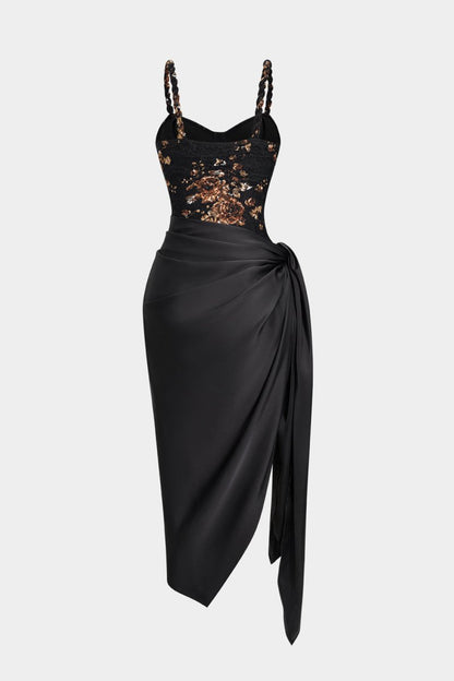 Floral Lace Patchwork Twist Knot Sleeveless Dress And Satin Asymmetrical Tie - Knot Skirt Set - MISMIMCWDB2507020068-BLACK-XS