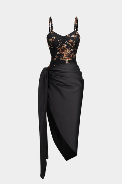 Floral Lace Patchwork Twist Knot Sleeveless Dress And Satin Asymmetrical Tie - Knot Skirt Set - MISMIMCWDB2507020068-BLACK-XS