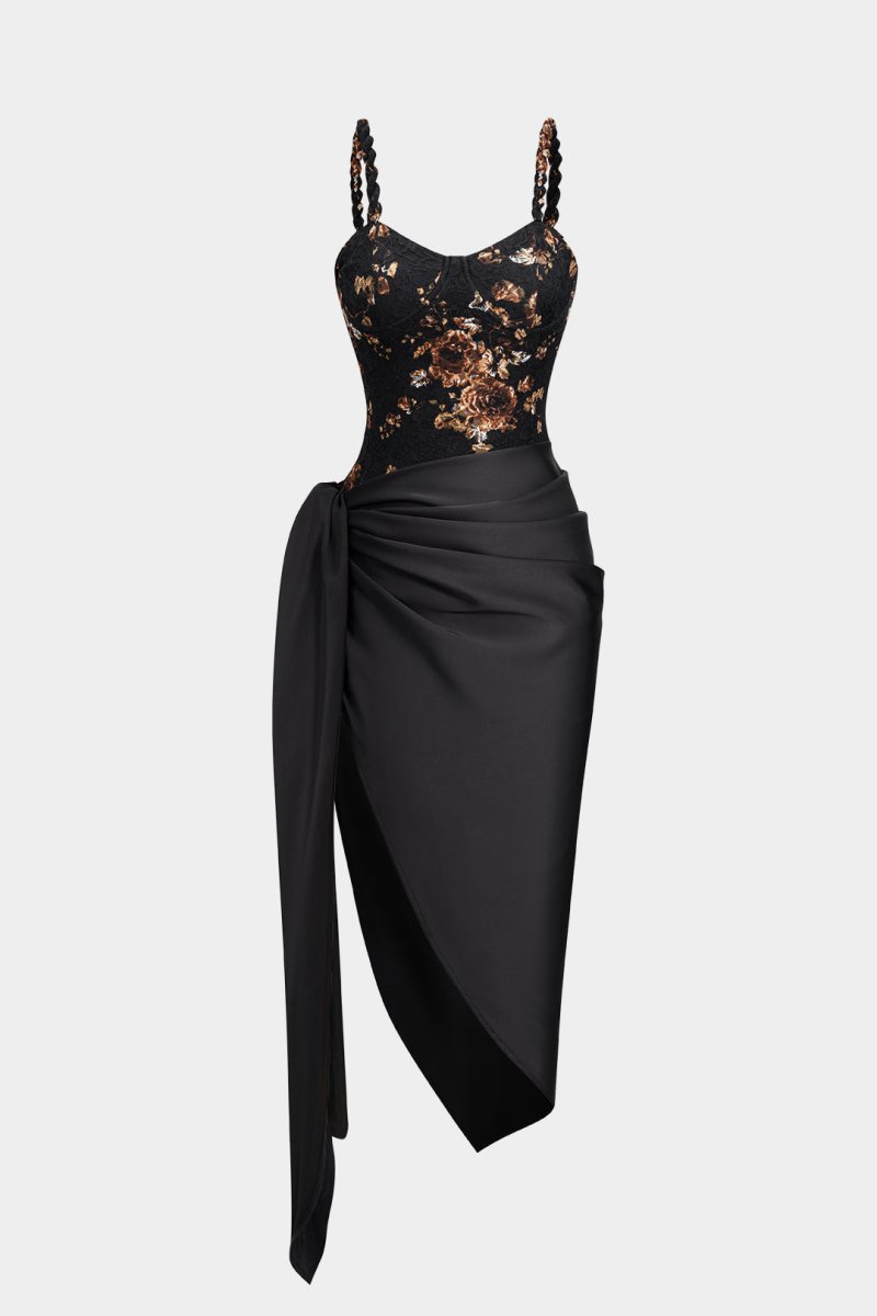 Floral Lace Patchwork Twist Knot Sleeveless Dress And Satin Asymmetrical Tie - Knot Skirt Set - MISMIMCWDB2507020068-BLACK-XS