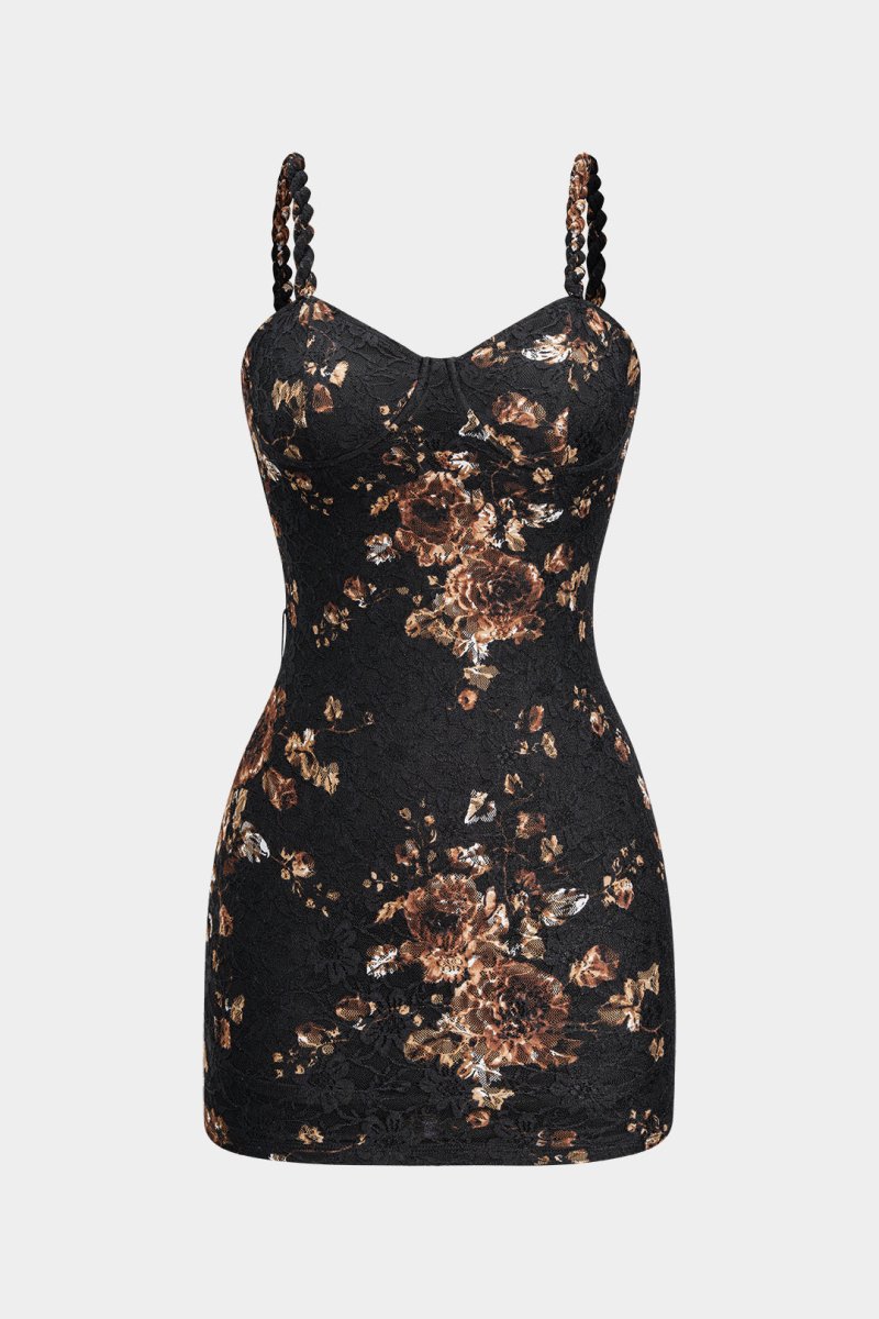 Floral Lace Patchwork Twist Knot Sleeveless Dress And Satin Asymmetrical Tie - Knot Skirt Set - MISMIMCWDB2507020068-BLACK-XS