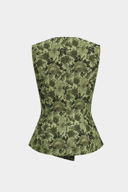 Floral Pattern Button Vest - MISMIMCWOV2411260012-GREEN-XS