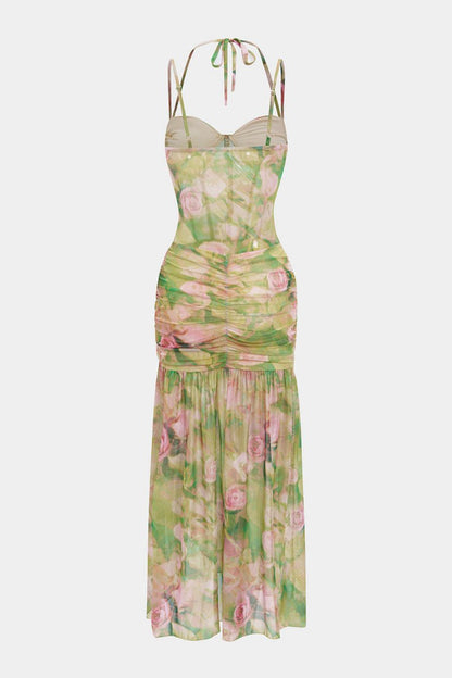 Floral Print Tie - Up Slip Split Sleeveless Midi Dress - MISMIMCWDB2506240028-GREEN-XS