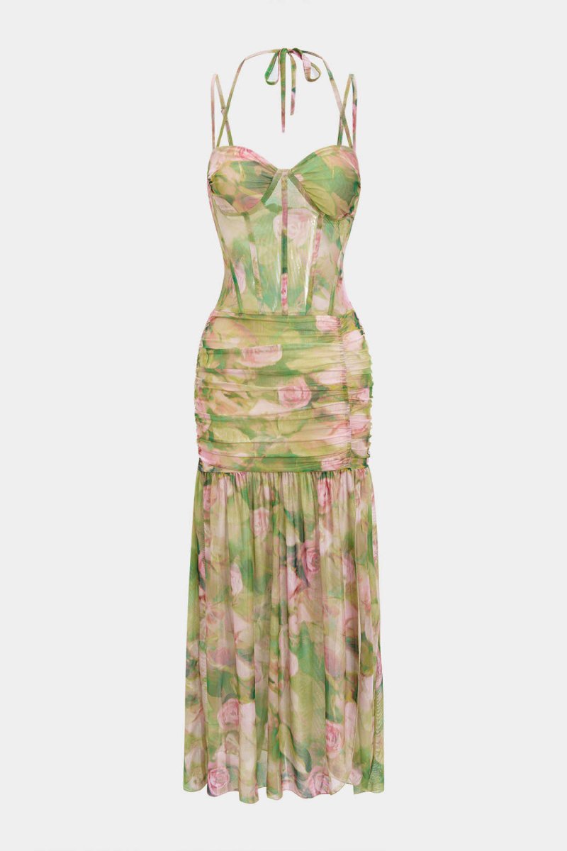 Floral Print Tie - Up Slip Split Sleeveless Midi Dress - MISMIMCWDB2506240028-GREEN-XS