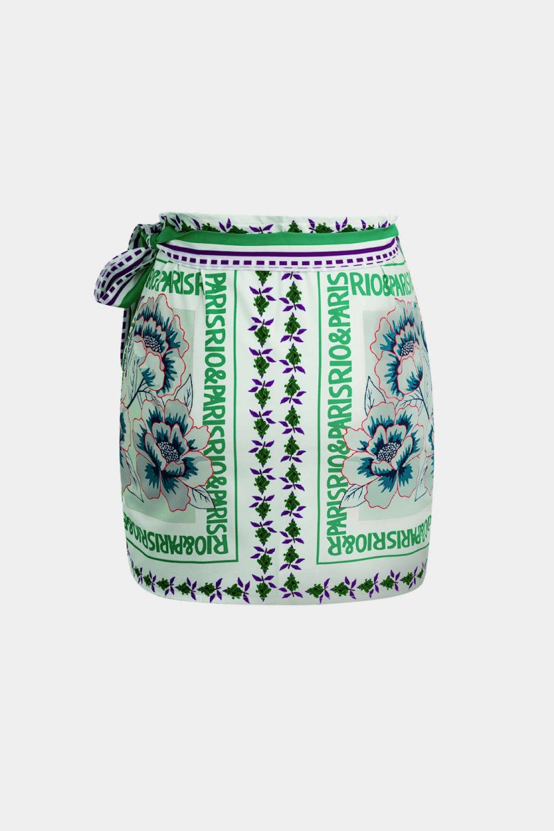 Floral Print Wrap Knot Mini Skirt - MISMIMCWBK2403250023-GREEN-XS