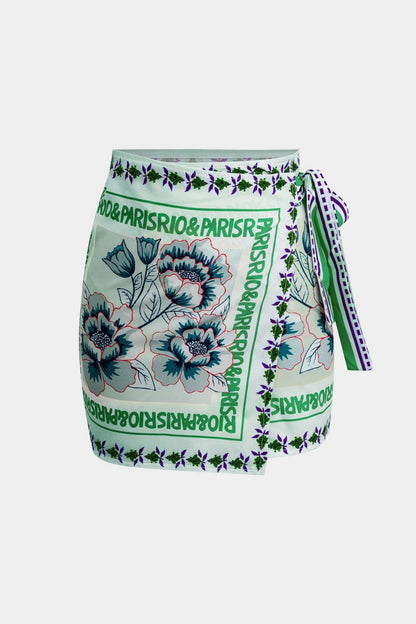 Floral Print Wrap Knot Mini Skirt - MISMIMCWBK2403250023-GREEN-XS