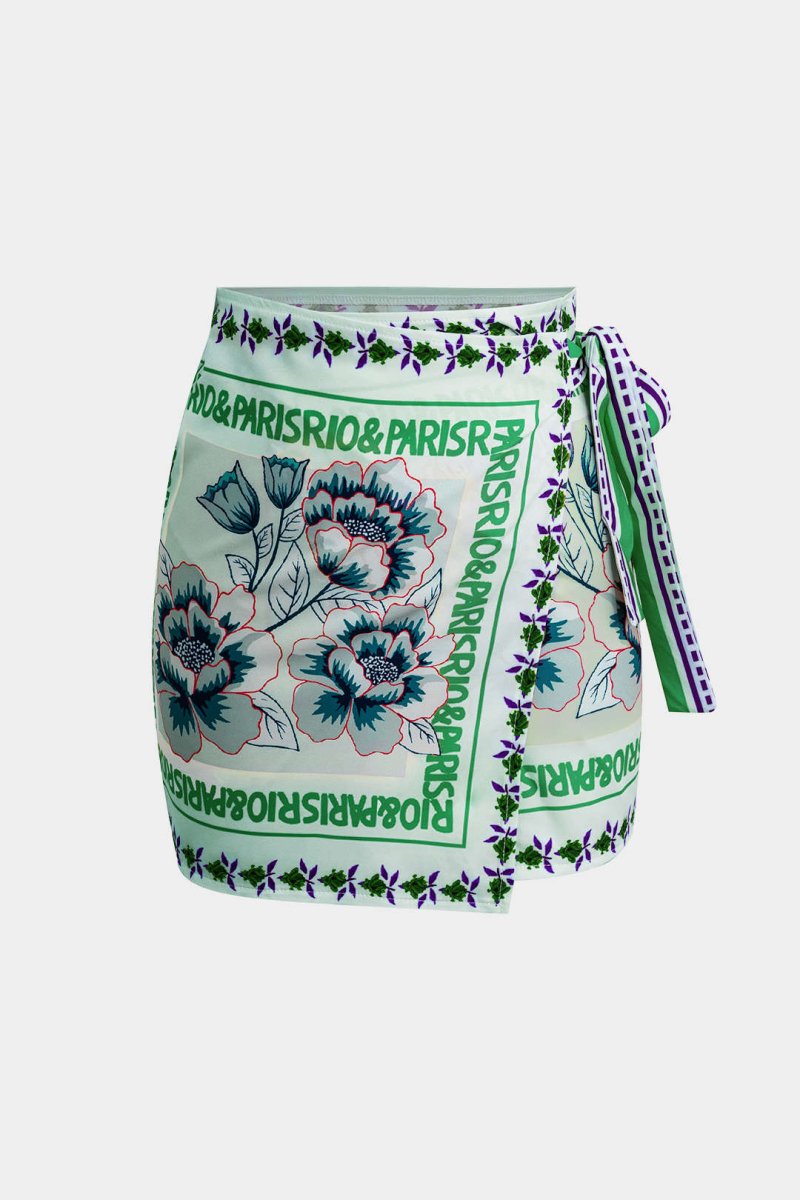 Floral Print Wrap Knot Mini Skirt - MISMIMCWBK2403250023-GREEN-XS