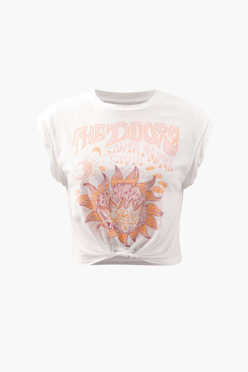 Flower Print Hem Knotted Short Sleeve T-Shirt - MISMIMCWTS221100014-WHITE-XS