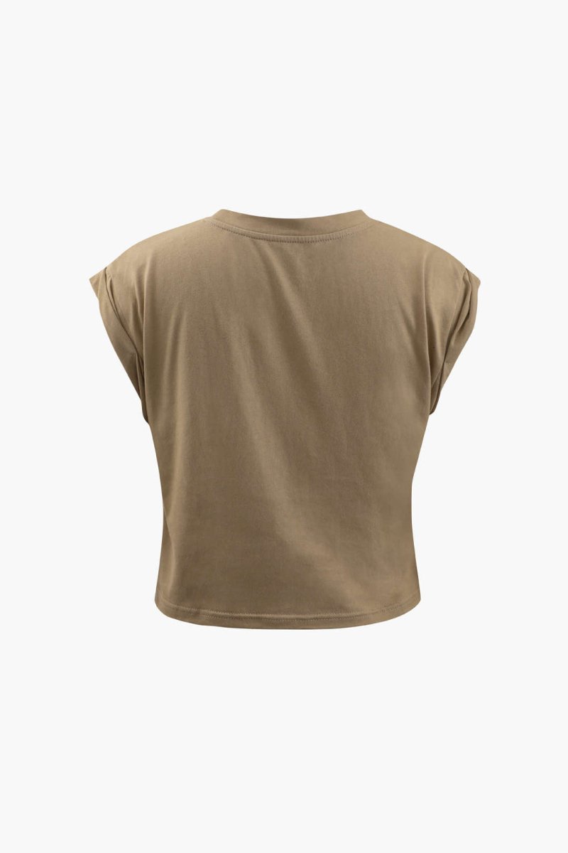 Flower Print Hem Knotted Short Sleeve T-Shirt - MISMIMCWTS221100014-KHAKI-XS