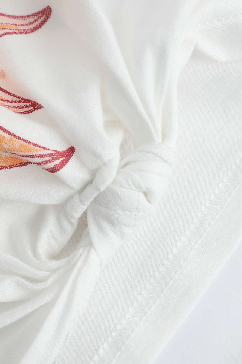 Flower Print Hem Knotted Short Sleeve T-Shirt - MISMIMCWTS221100014-WHITE-XS