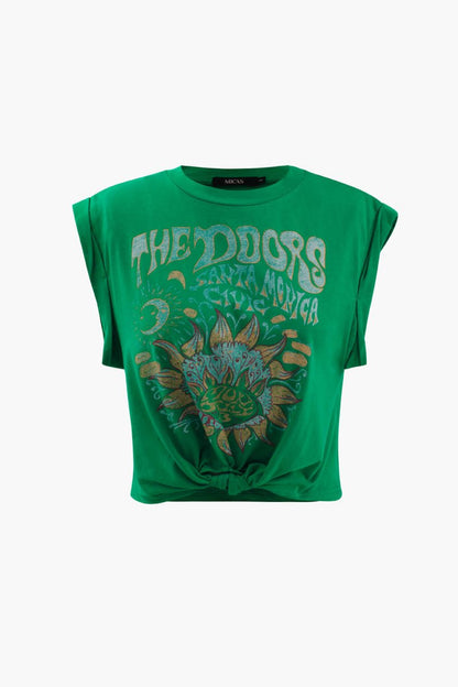 Flower Print Hem Knotted Short Sleeve T-Shirt - MISMIMCWTS221100014-GREEN-XS