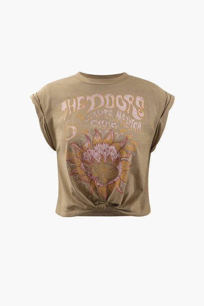 Flower Print Hem Knotted Short Sleeve T-Shirt - MISMIMCWTS221100014-KHAKI-XS