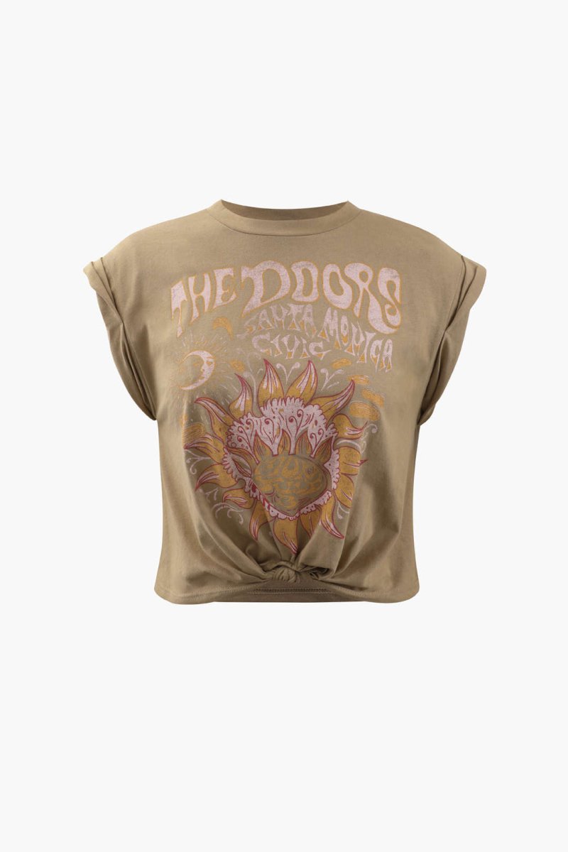 Flower Print Hem Knotted Short Sleeve T-Shirt - MISMIMCWTS221100014-KHAKI-XS