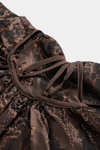 Jacquard Ruched Drawstring V - Neck Zipper Sleeveless Mini Dress - MISMIMCWDC2507290107-BROWN-XS