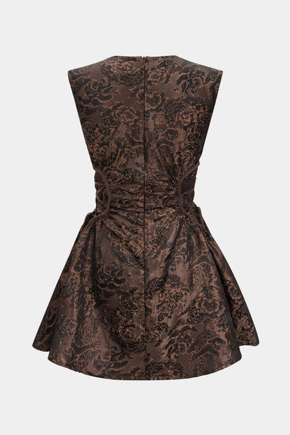 Jacquard Ruched Drawstring V - Neck Zipper Sleeveless Mini Dress - MISMIMCWDC2507290107-BROWN-XS