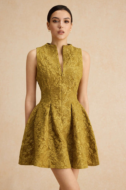 Jacquard Sleeveless Ruched Mini Dress - MISMIMCWDC2501080019-LIME-XS