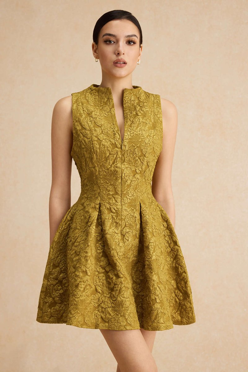 Jacquard Sleeveless Ruched Mini Dress - MISMIMCWDC2501080019-LIME-XS