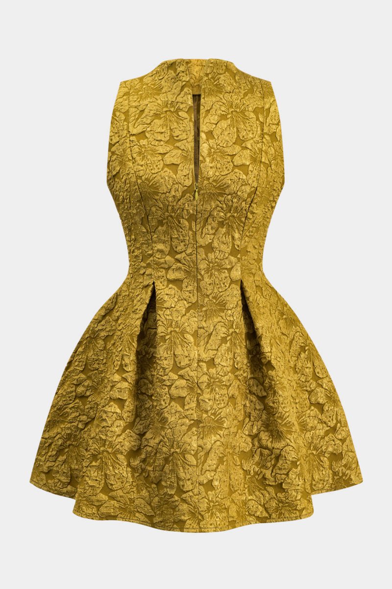 Jacquard Sleeveless Ruched Mini Dress - MISMIMCWDC2501080019-MUSTARD-XS