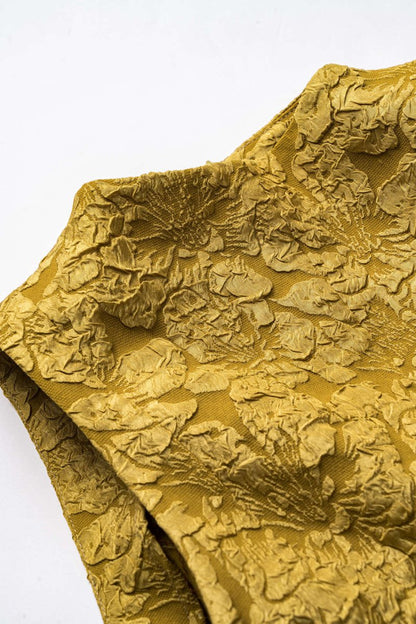 Jacquard Sleeveless Ruched Mini Dress - MISMIMCWDC2501080019-MUSTARD-XS