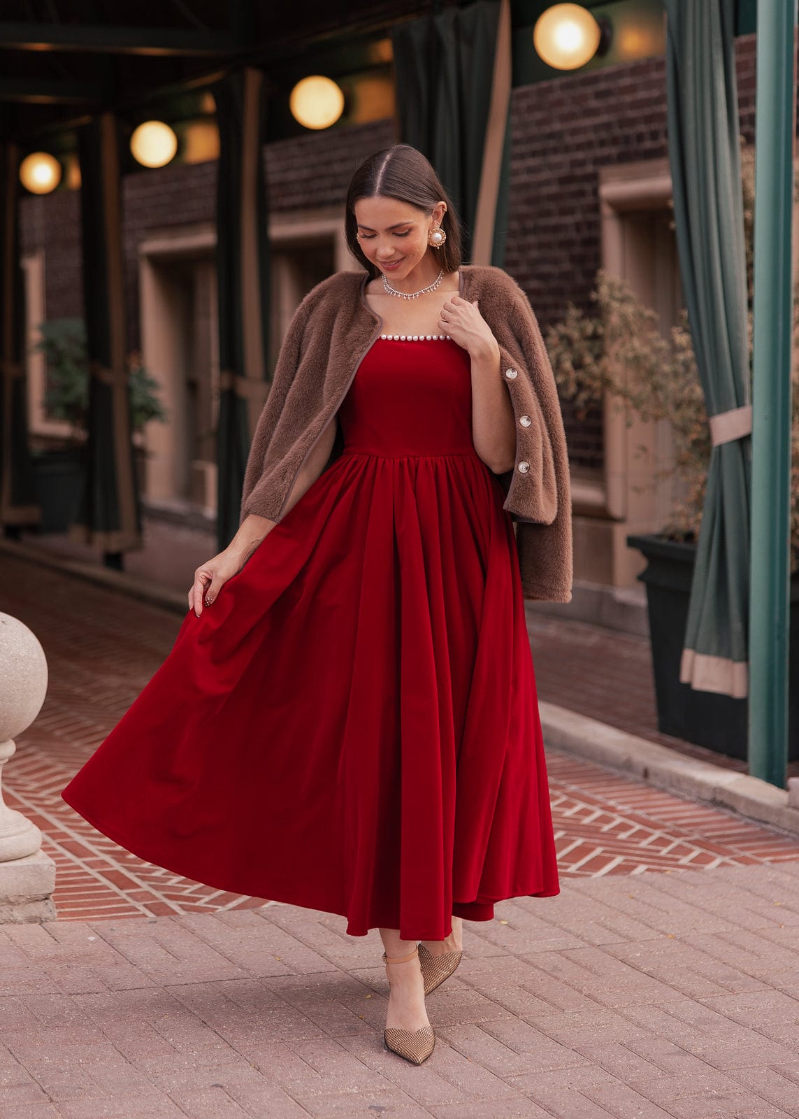 Mary Velvet Holiday Pearl Dress - Red