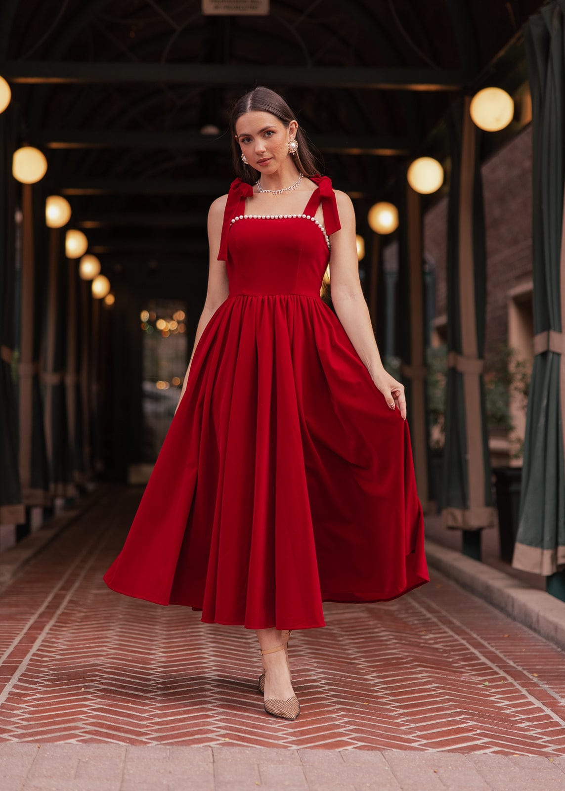 Mary Velvet Holiday Pearl Dress - Red