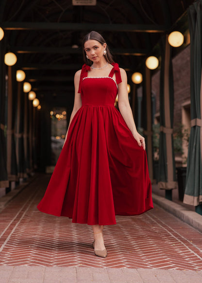 Mary Velvet Holiday Pearl Dress - Red