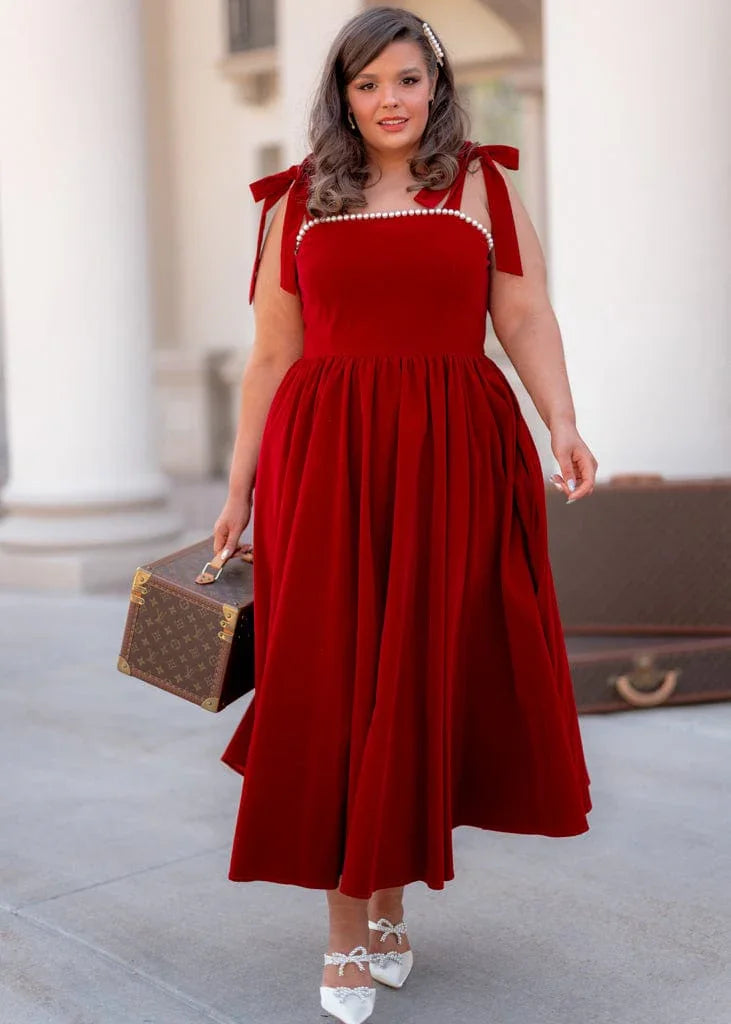 Mary Velvet Holiday Pearl Dress - Red