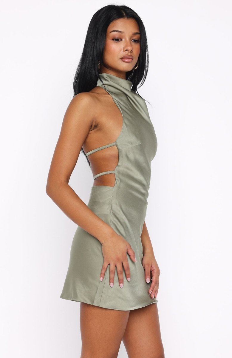 Just Small Talk Halter Mini Dress Khaki - MISMIEXK14-6-XXS