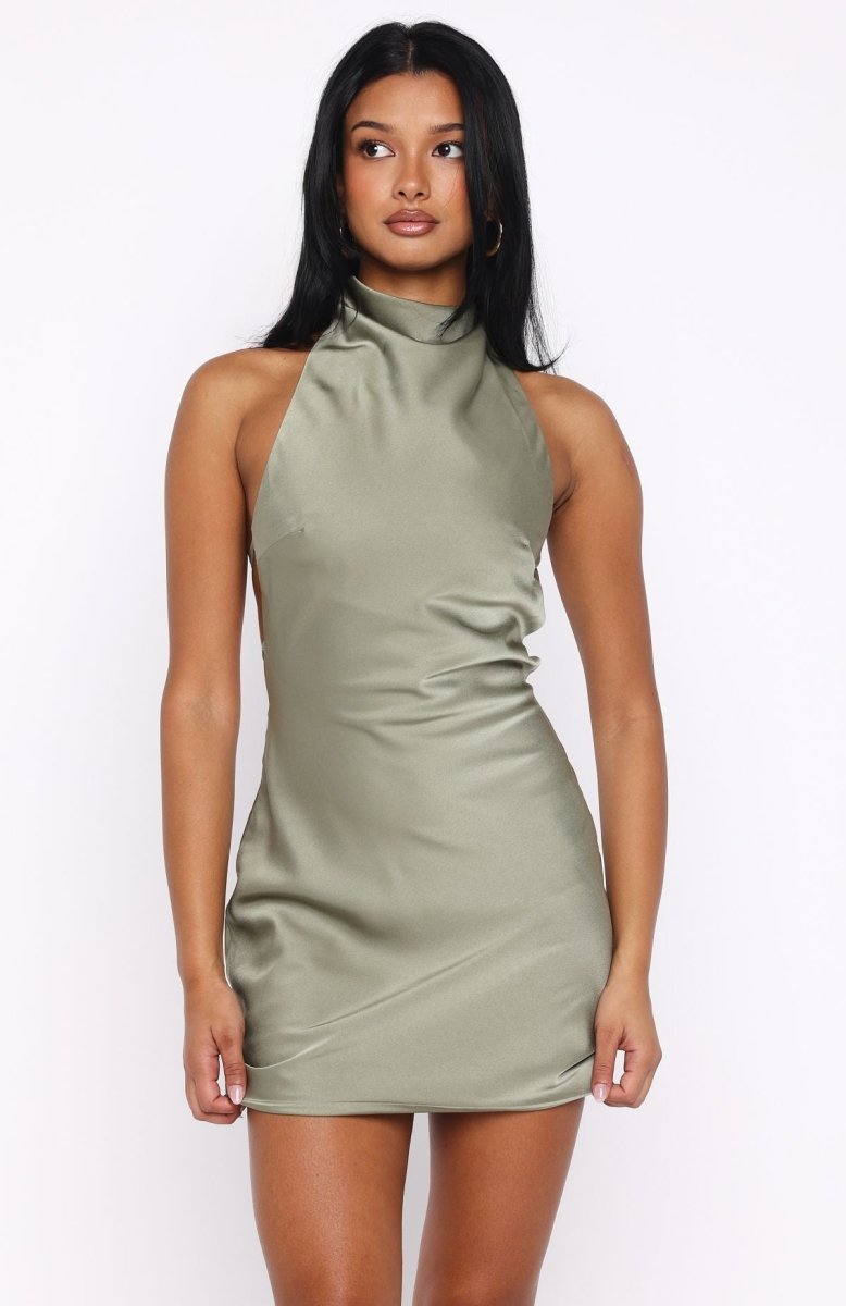 Just Small Talk Halter Mini Dress Khaki - MISMIEXK14-6-XXS