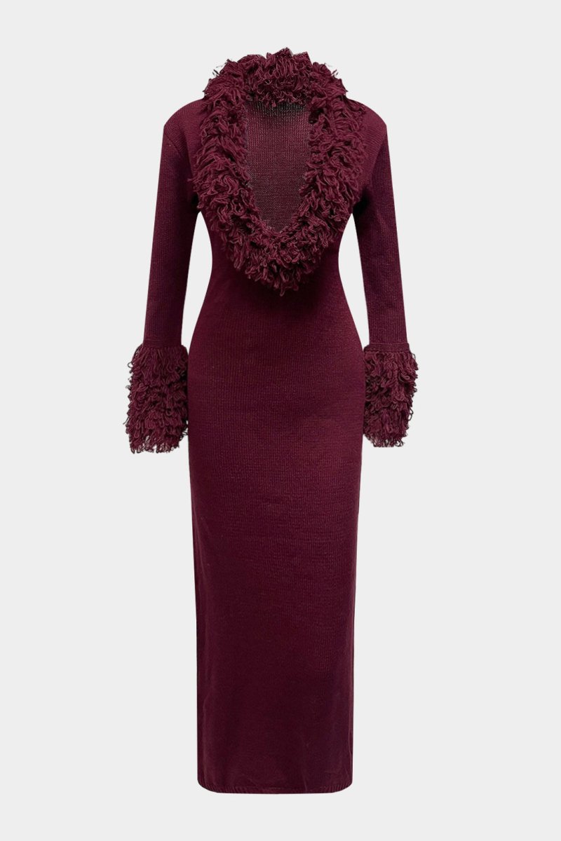 Knit Fringe Trim Deep V - Neck Long Sleeve Dress - MISMIMCWKD2510310139-BURGUNDY-XS