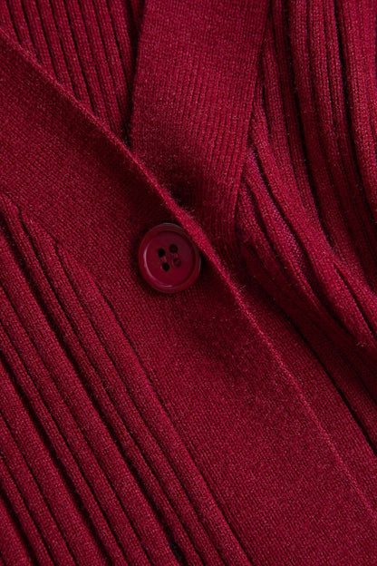 Knit Puff Hem Long Sleeve V - neck Dress - MISMIMCWKD2411040124-BURGUNDY-XS