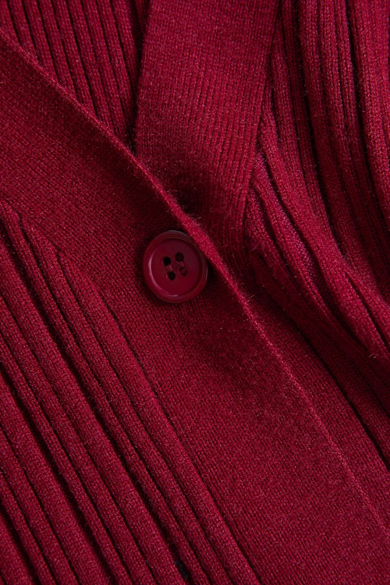 Knit Puff Hem Long Sleeve V - neck Dress - MISMIMCWKD2411040124-BURGUNDY-XS