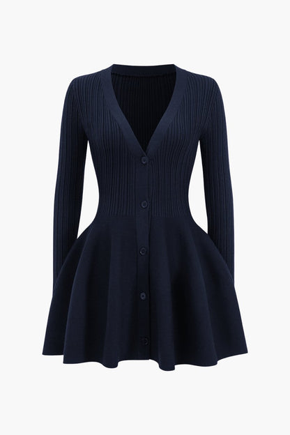Knit Puff Hem Long Sleeve V - neck Dress - MISMIMCWKD2411040124-DARK BLUE-XS