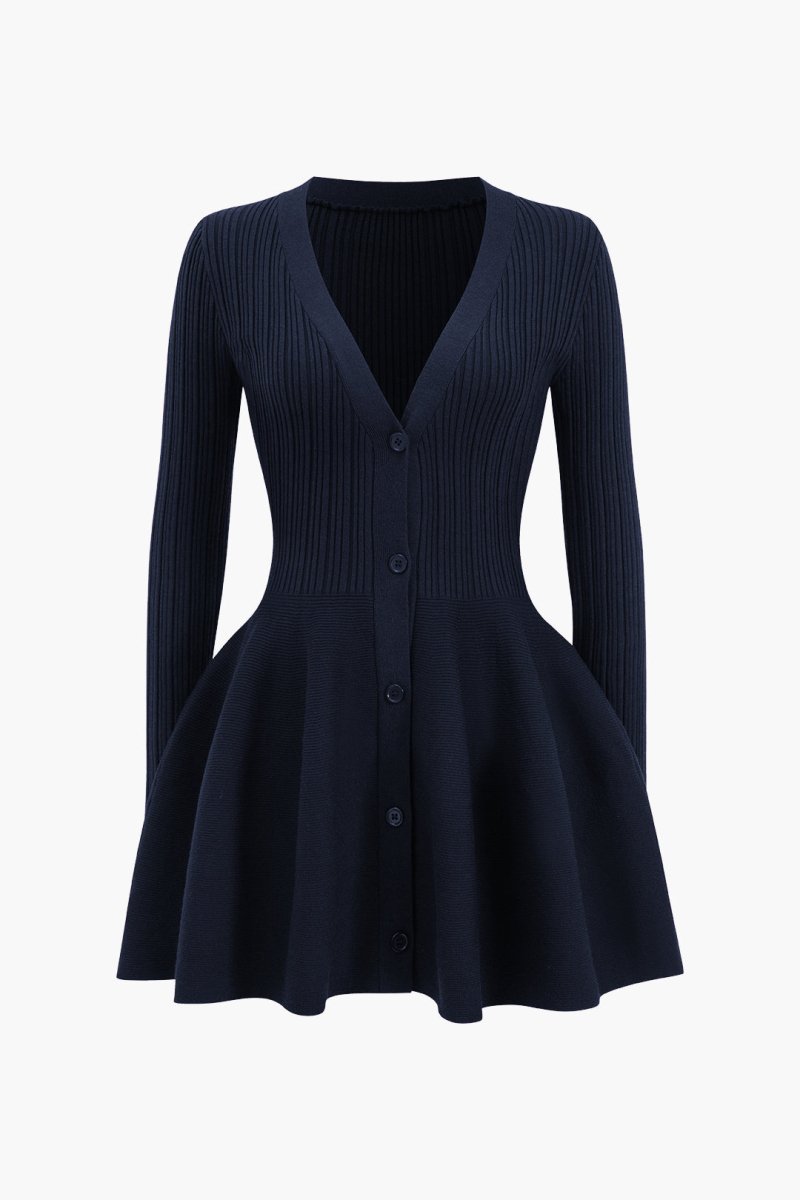Knit Puff Hem Long Sleeve V - neck Dress - MISMIMCWKD2411040124-DARK BLUE-XS