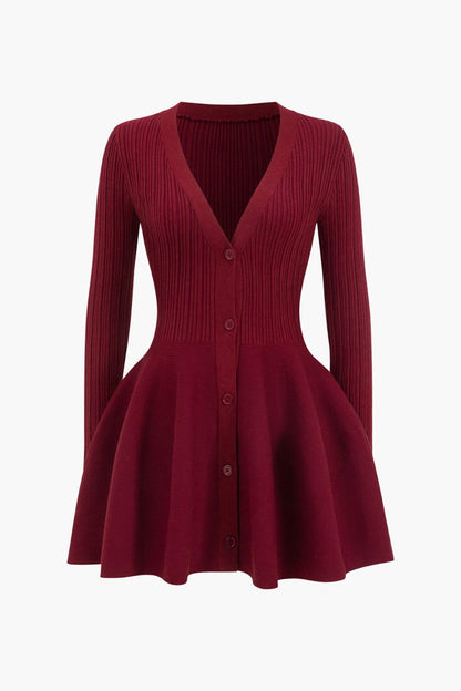 Knit Puff Hem Long Sleeve V - neck Dress - MISMIMCWKD2411040124-BURGUNDY-XS