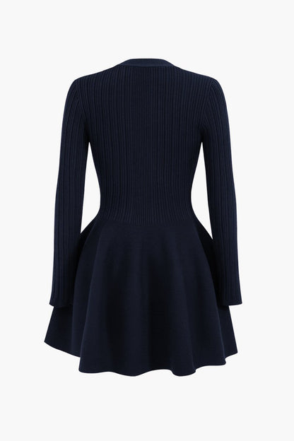 Knit Puff Hem Long Sleeve V - neck Dress - MISMIMCWKD2411040124-DARK BLUE-XS