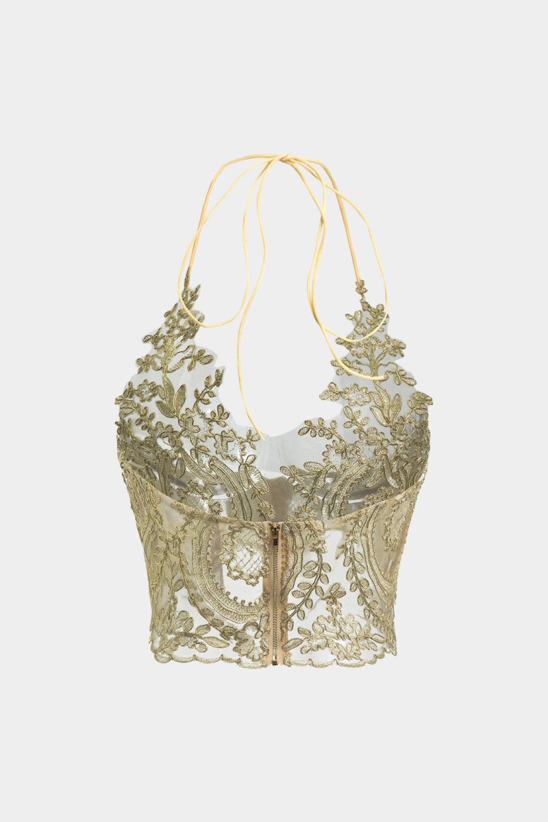 Lace Cut Out Tie Up Zipper Cami Top - MISMIMCWTT2402260057-GOLD-S