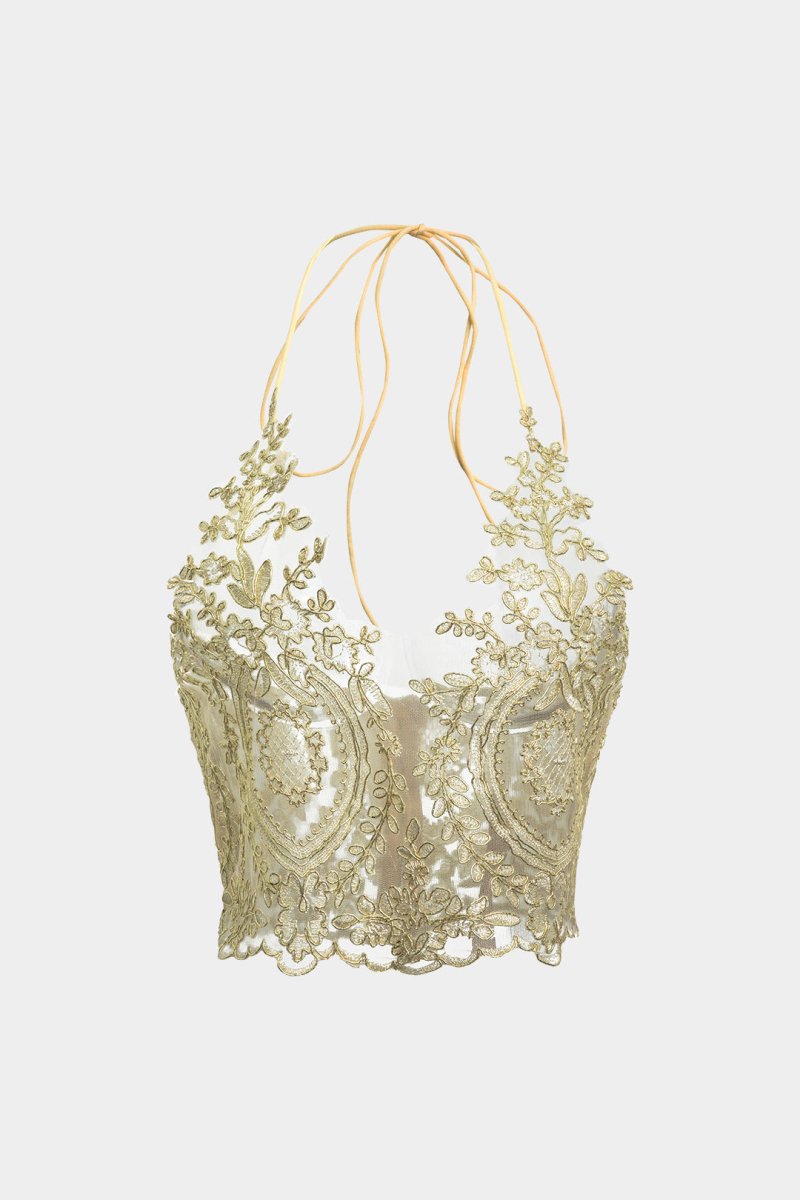 Lace Cut Out Tie Up Zipper Cami Top - MISMIMCWTT2402260057-GOLD-S