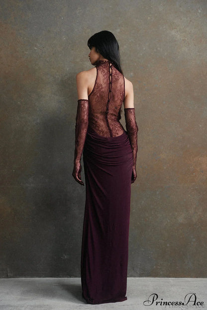 Lace Panel Halterneck Deep V Ruched Party Dress