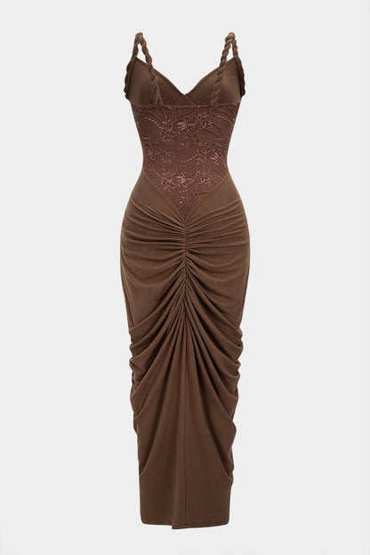 Lace Patchwork Ruched Twist Knot Slip Sleeveless Maxi Dress - MISMIMCWDA2509220097-BROWN-XS