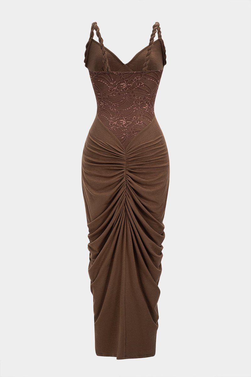 Lace Patchwork Ruched Twist Knot Slip Sleeveless Maxi Dress - MISMIMCWDA2509220097-BROWN-XS