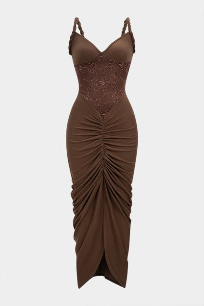 Lace Patchwork Ruched Twist Knot Slip Sleeveless Maxi Dress - MISMIMCWDA2509220097-BROWN-XS