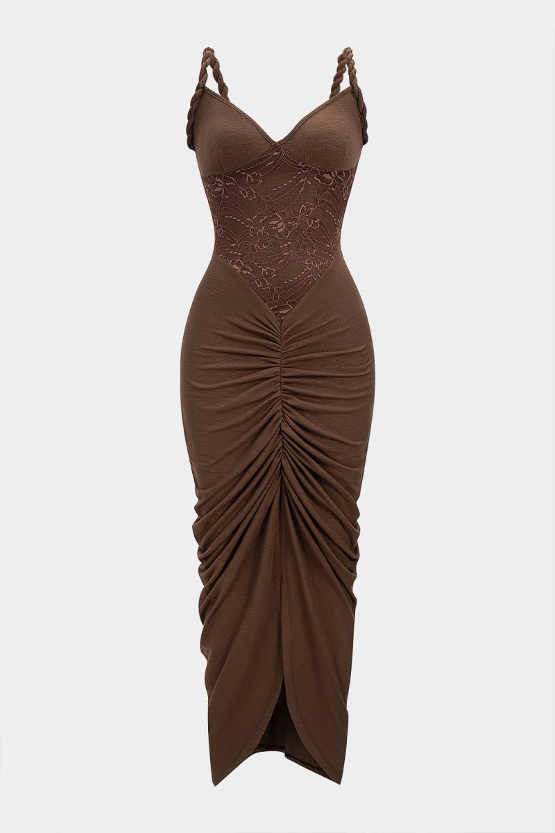 Lace Patchwork Ruched Twist Knot Slip Sleeveless Maxi Dress - MISMIMCWDA2509220097-BROWN-XS