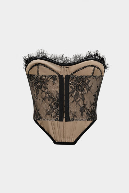 Lace Trim Corset Tube Top - MISMIMCWTU2509080076-BLACK-XS