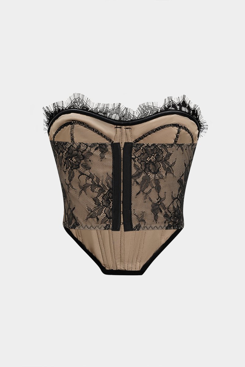 Lace Trim Corset Tube Top - MISMIMCWTU2509080076-BLACK-XS