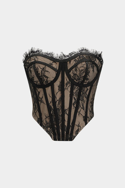 Lace Trim Corset Tube Top - MISMIMCWTU2509080076-BLACK-XS